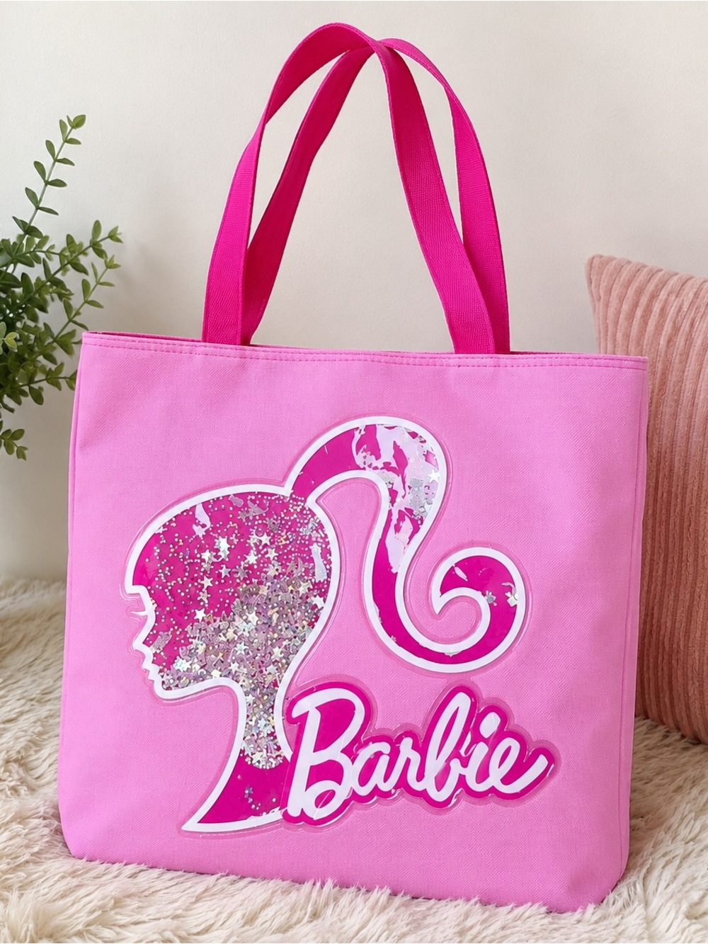 Spirit Barbie Pink Glitter Logo Tote Bag Y2K Glam Shoulder Bag